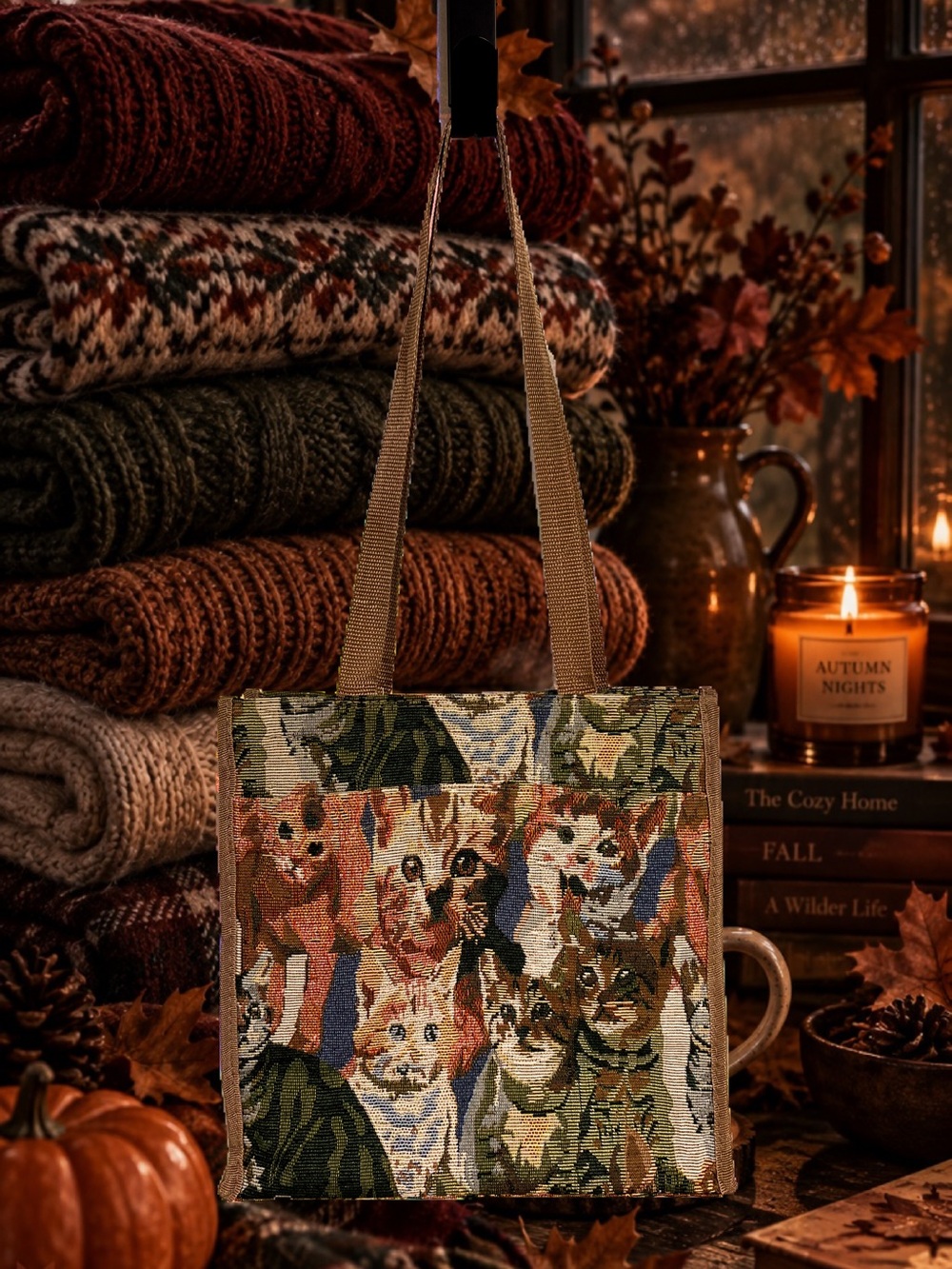Vintage tapestry kitty tote bag